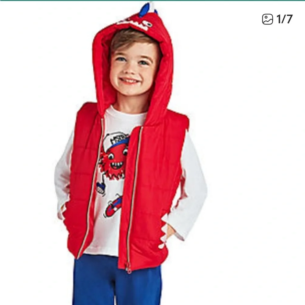 Kids Dinosaur Puffer Vest Jacket Hooded Red Size 4T Members Mark